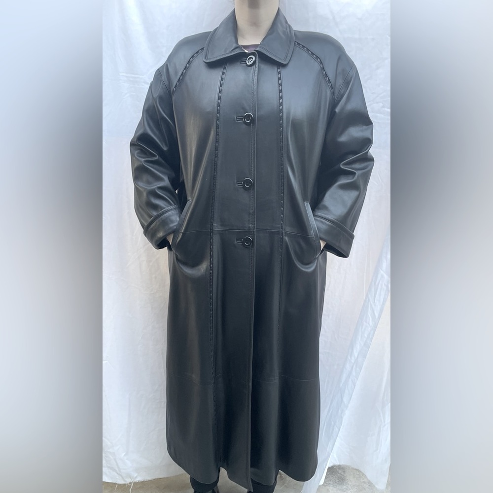 Genuine Leather ankle length button down coat with detailing.